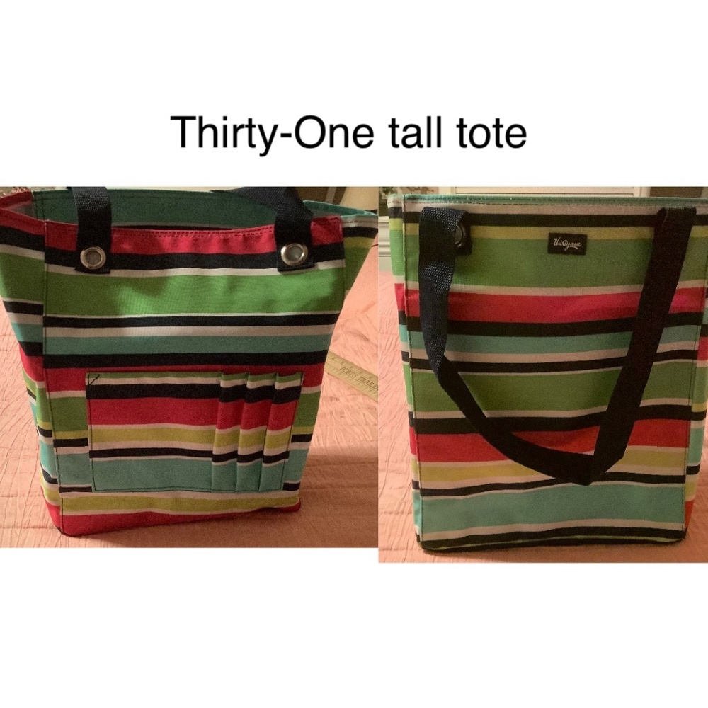 Thirty-One tall organizing tote, looks new, zipper top, pockets